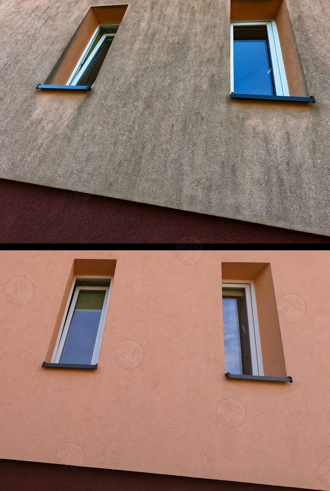 Dwa fragmenty elewacji budynku w odcieniach beżu i brzoskwini, oddzielone poziomą linią; widoczne cztery okna z białymi ramami i ciemnymi parapetami, skierowane ku górze.