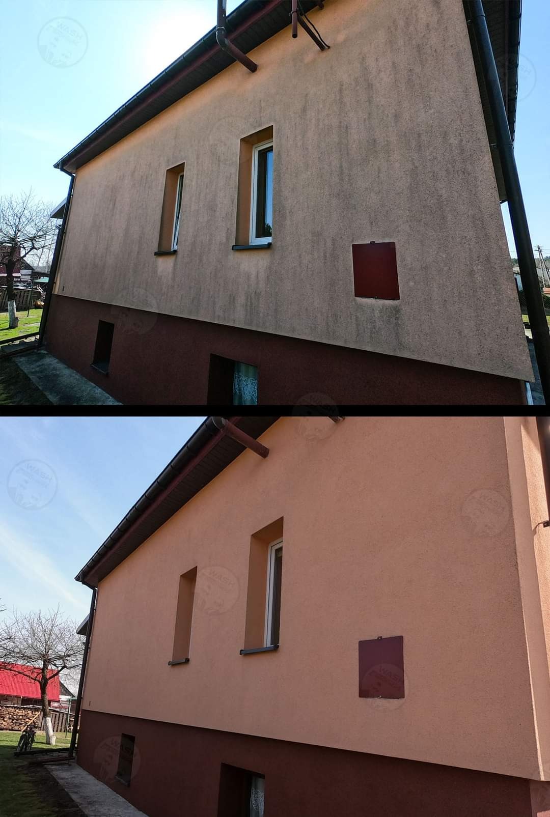 Porównanie stanu elewacji domu przed i po czyszczeniu, ukazujące różnicę w kolorze i usunięcie zabrudzeń.