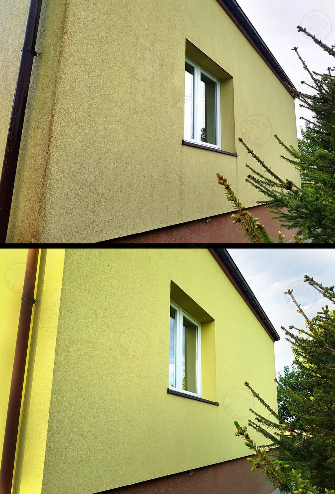 Porównanie stanu elewacji przed i po czyszczeniu w Woli Uhruskiej, widoczne różnice w kolorze i czystości, okno i rynna w kadrze.
