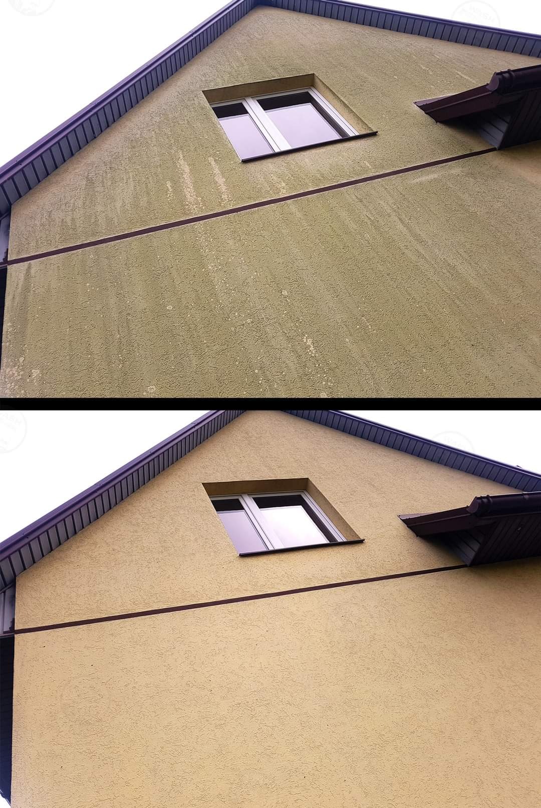 Zdjęcie przedstawia elewację domu przed i po myciu, ukazując różnicę w czystości i kolorze, z widocznymi smugami i zabrudzeniami na górnej połowie oraz czystą, jednolitą powierzchnią na dolnej...