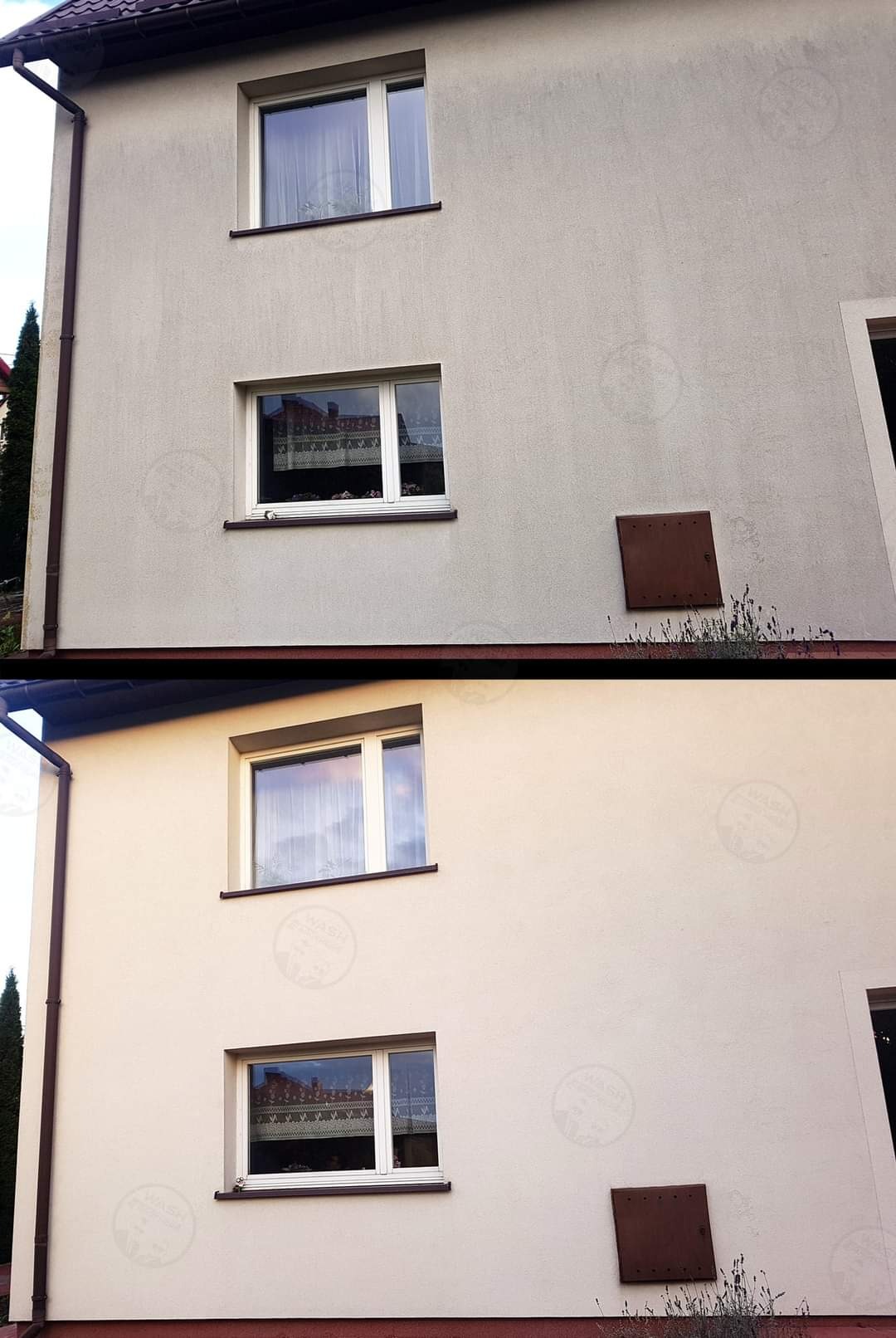 Porównanie elewacji budynku przed i po czyszczeniu, widoczne różnice w kolorze i usunięte zabrudzenia, z uwzględnieniem okien i brązowych rynien.