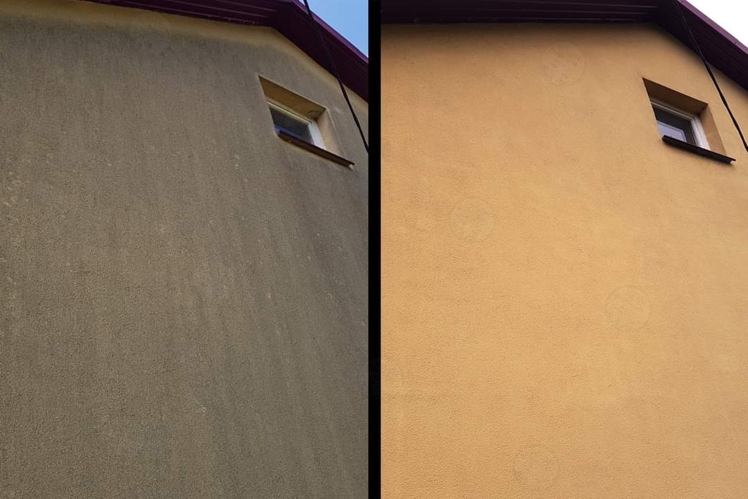 Porównanie fragmentu elewacji budynku przed i po czyszczeniu. Lewa strona zabrudzona, prawa strona czysta, w odcieniu jasnego beżu.