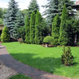 Zadbany ogród z równo przystrzyżonym trawnikiem, ścieżką z kostki brukowej, tujami i świerkami w tle oraz zraszacze nawadniające trawnik.