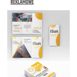 Minimal Office - Agencja Marketingowa - Materiały reklamowe iSun: ulotka trójdzielna z ofertą dla straży pożarnej i instalacji fotowoltaicznych, zaproszenie do współpracy, loteria z rabatem 50%.