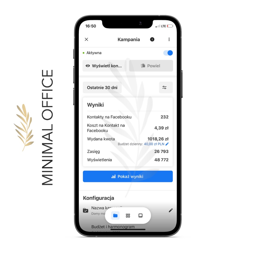 Ekran smartfona prezentuje wyniki kampanii reklamowej na Facebooku: 232 kontakty, koszt 4,39 zł, wydana kwota 1018,26 zł, zasięg 26793, wyświetlenia 48772.