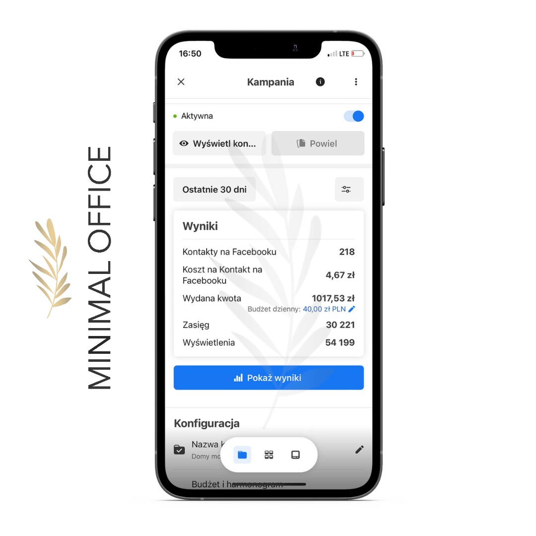 Ekran smartfona prezentujący wyniki kampanii reklamowej na Facebooku: 218 kontaktów, koszt 4,67 zł, wydana kwota 1017,53 zł, zasięg 30221, wyświetlenia 54199.