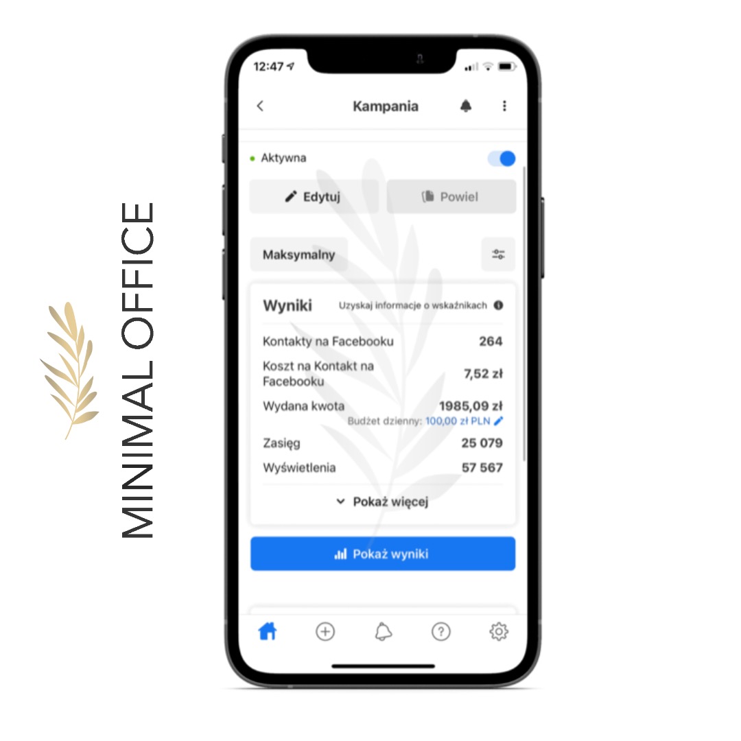 Smartfon wyświetla panel kampanii reklamowej na Facebooku z danymi: kontakty, koszt, wydana kwota, zasięg i wyświetlenia. Aktywna kampania z widocznymi wynikami.