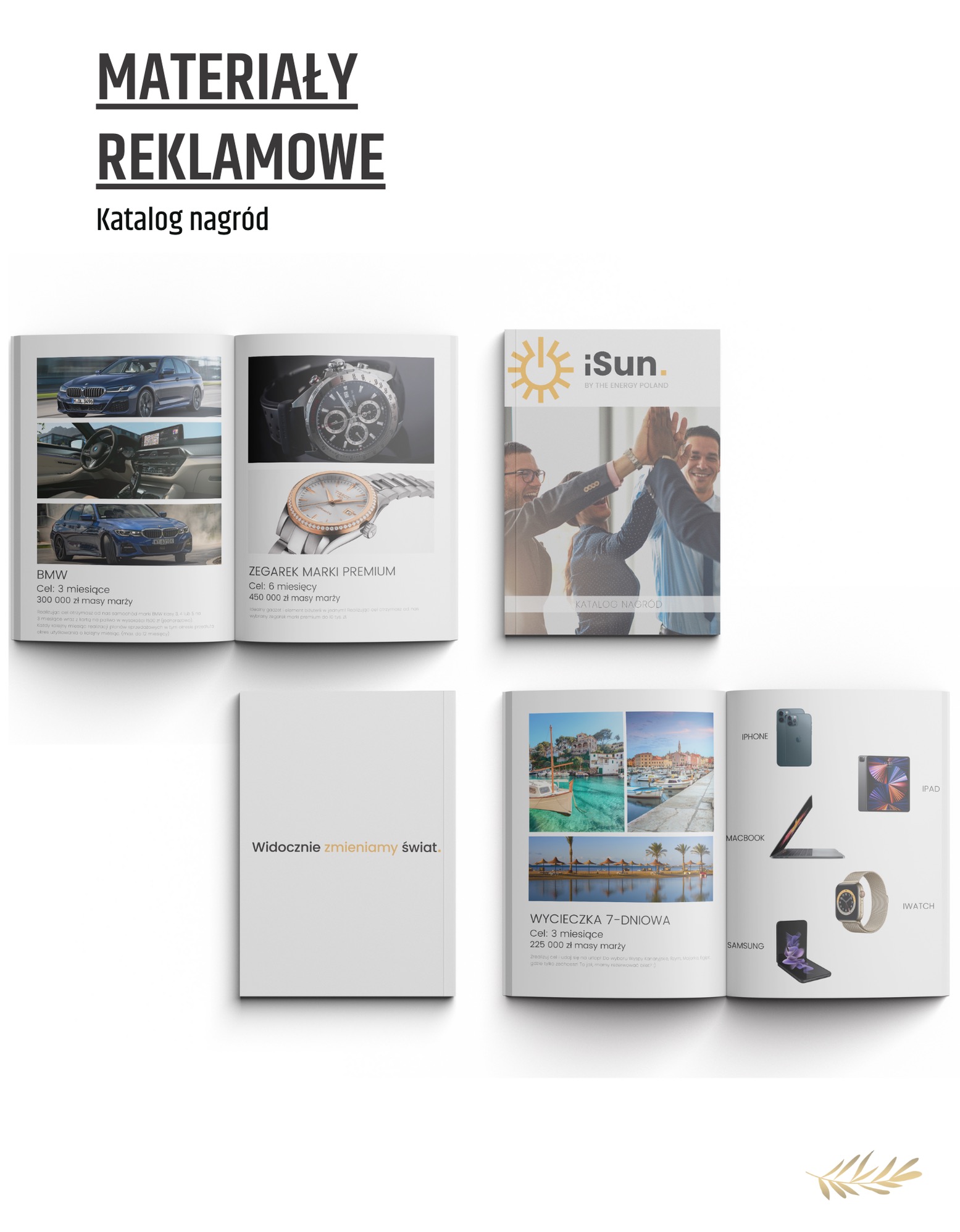 Katalog nagród z materiałami reklamowymi: samochód BMW, zegarek premium, wycieczka 7-dniowa, iPhone, MacBook, Samsung, iPad, iWatch.