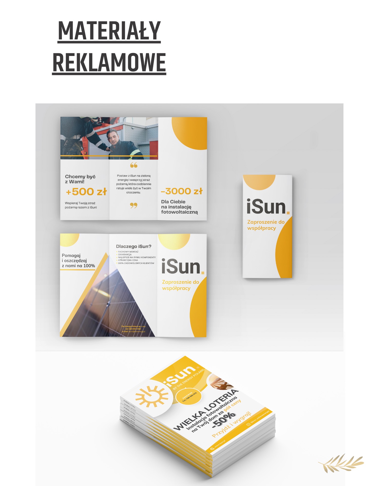 Materiały reklamowe iSun: ulotka trójdzielna z ofertą dla straży pożarnej i instalacji fotowoltaicznych, zaproszenie do współpracy, loteria z rabatem 50%.