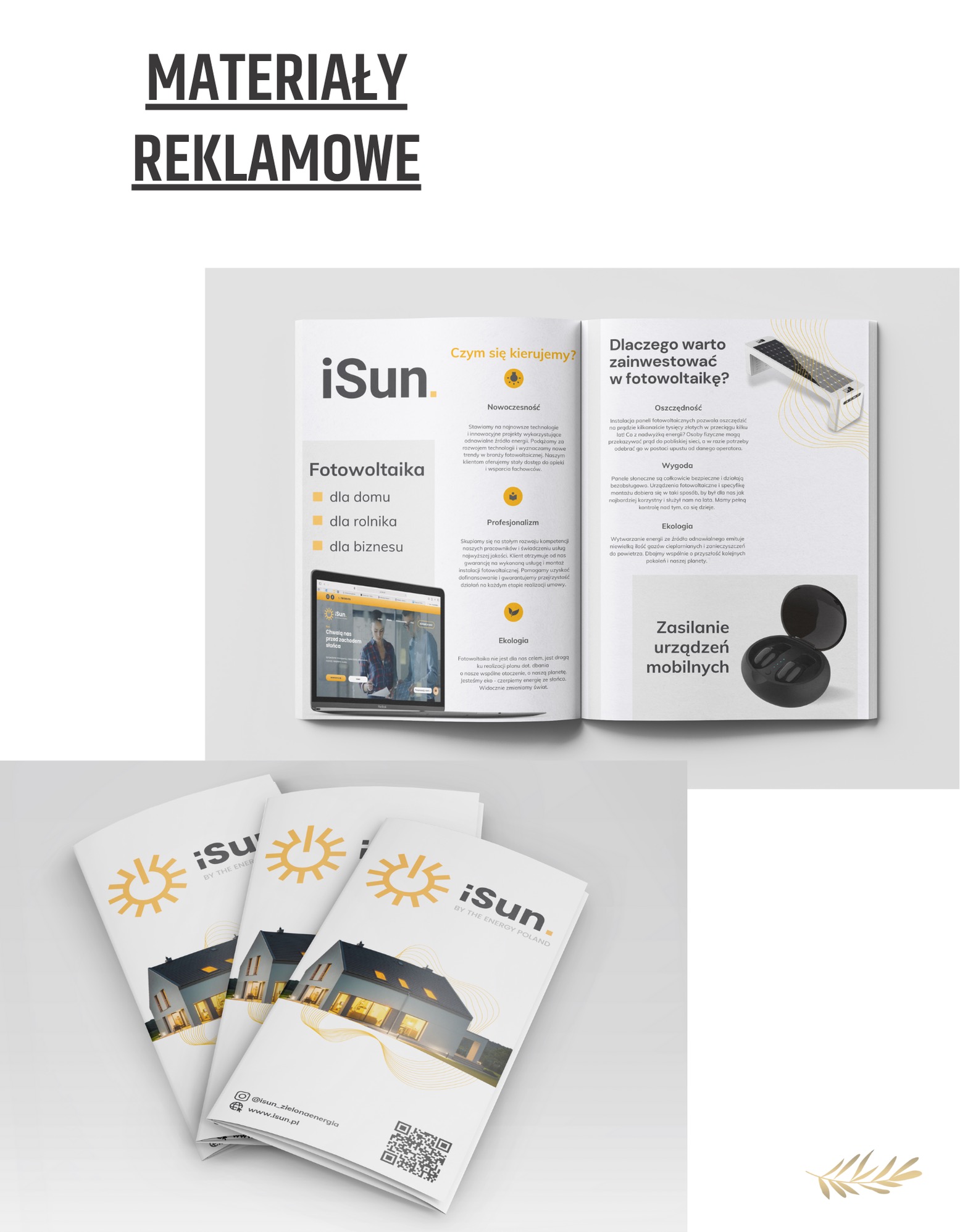 Biała broszura reklamowa firmy iSun z ofertą fotowoltaiki dla domu, rolnika i biznesu. Na okładce grafika domu z panelami słonecznymi i logo firmy.