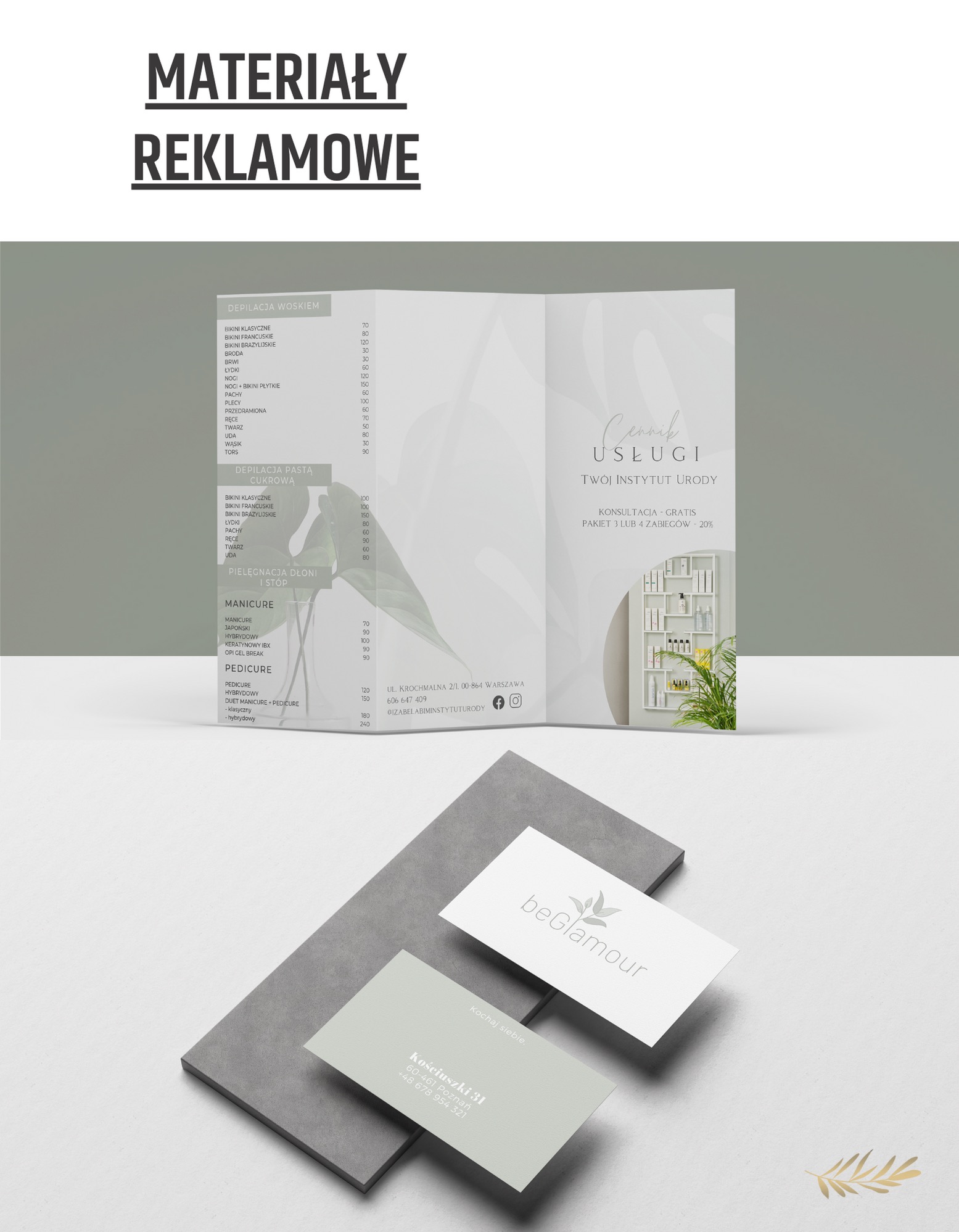 Materiały reklamowe salonu urody: cennik usług z depilacji, manicure i pedicure, wizytówki z logo na szarym tle. Minimalistyczny design, stonowana kolorystyka.