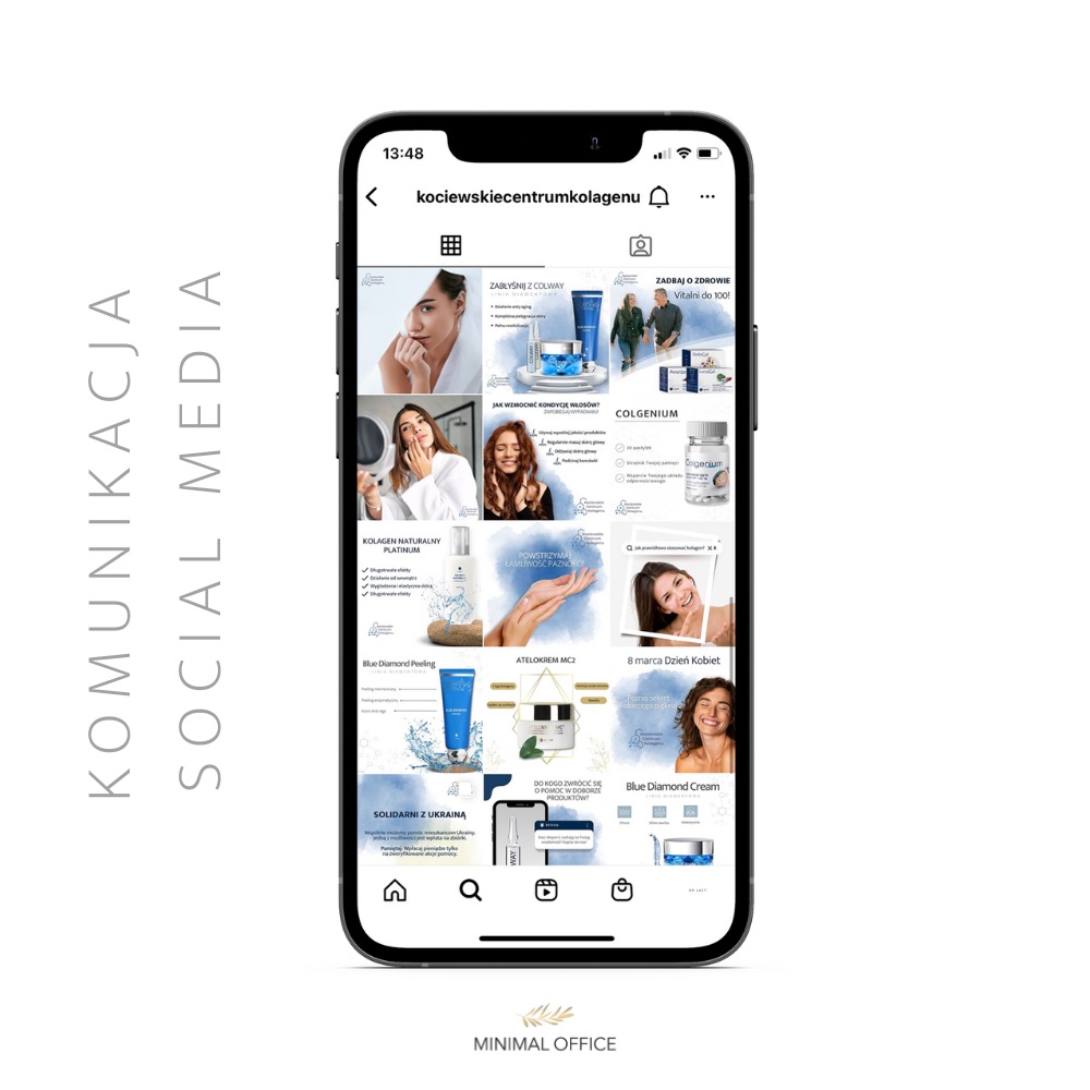 Ekran smartfona prezentuje profil na Instagramie z postami Kociewskiego Centrum Kolagenu, promującymi kosmetyki i zabiegi pielęgnacyjne.