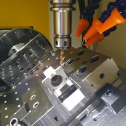 Wiertło w trakcie obróbki metalowego elementu na frezarce CNC, widoczne dysze chłodziwa i uchwyt obrotowy.