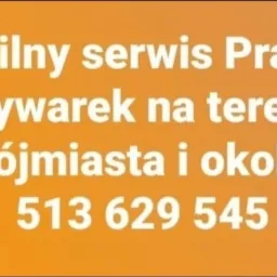 Pomarańczowe tło z białym tekstem: Mobilny serwis pralek i zmywarek na terenie Trójmiasta i okolic, numer telefonu 513 629 545. Usługi dostępne w Gdańsku.