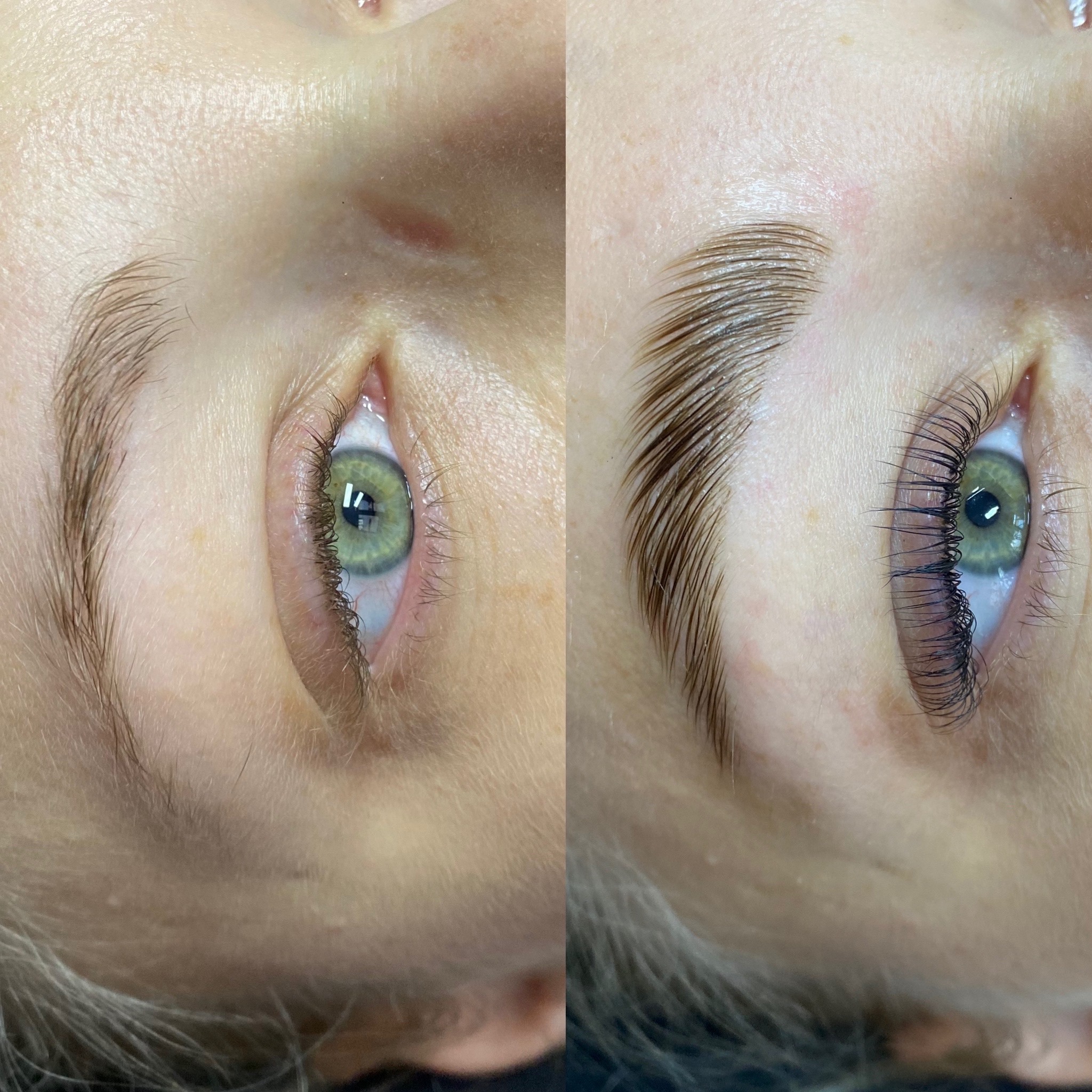 Porównanie brwi i rzęs przed i po zabiegu laminacji w Wałbrzychu, uwydatniające różnicę w kształcie i wyglądzie włosków.