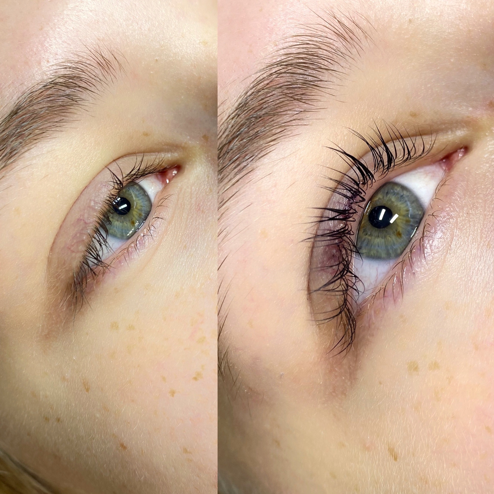 Porównanie rzęs przed i po zabiegu liftingu, widoczne podkręcone i wydłużone rzęsy, zbliżenie na oko z zieloną tęczówką.