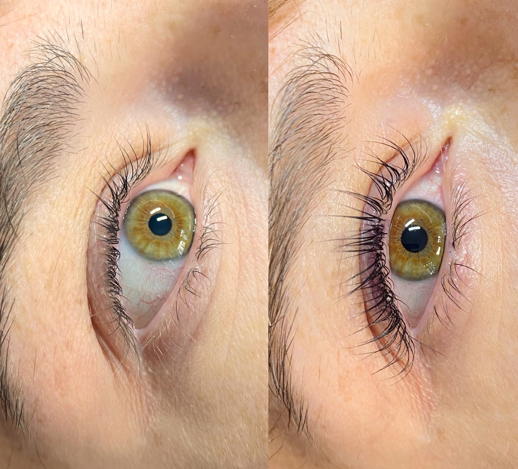 Porównanie rzęs przed i po zabiegu liftingu, widoczne wyraźne podkręcenie i uniesienie włosków, zbliżenie na oko z zielono-brązową tęczówką.