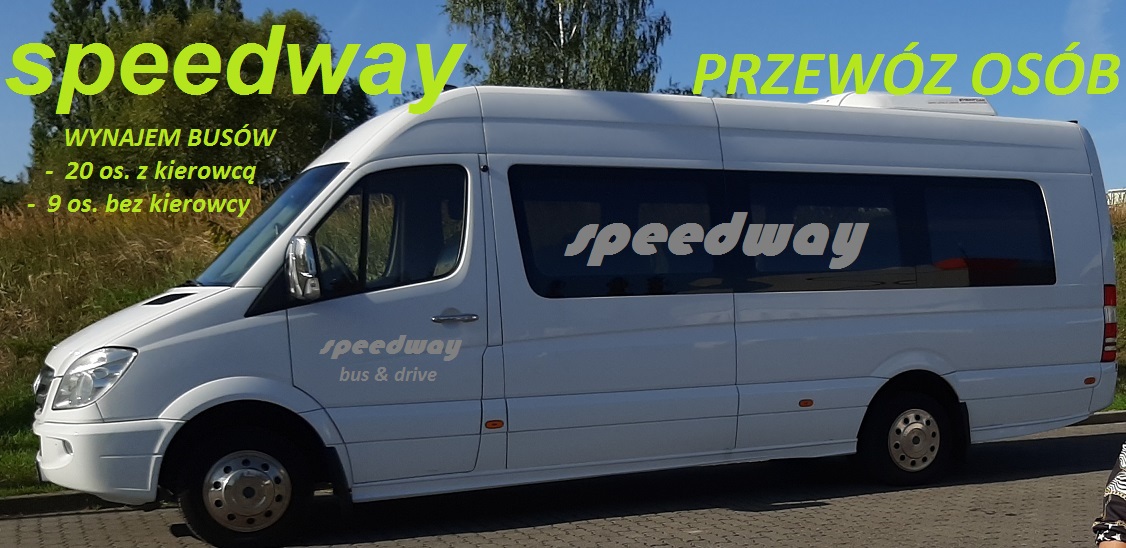 Biały bus marki Mercedes-Benz Sprinter z logo 'Speedway bus & drive' oferujący przewóz osób i wynajem busów 20-osobowych z kierowcą oraz 9-osobowych bez kierowcy, Szczecin.