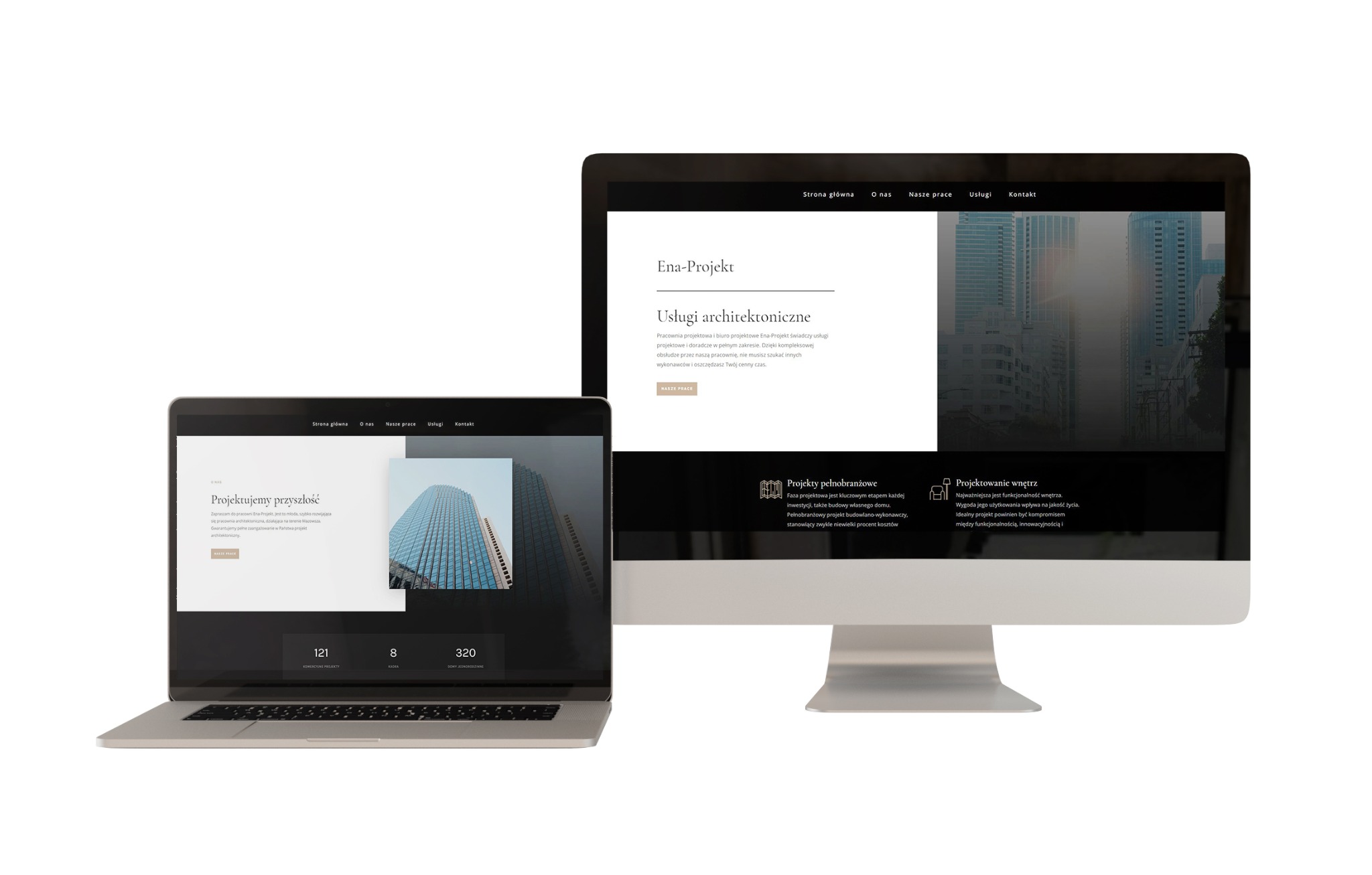 Laptop i monitor wyświetlające stronę internetową firmy architektonicznej Ena-Projekt z minimalistycznym designem i zdjęciem nowoczesnego wieżowca.