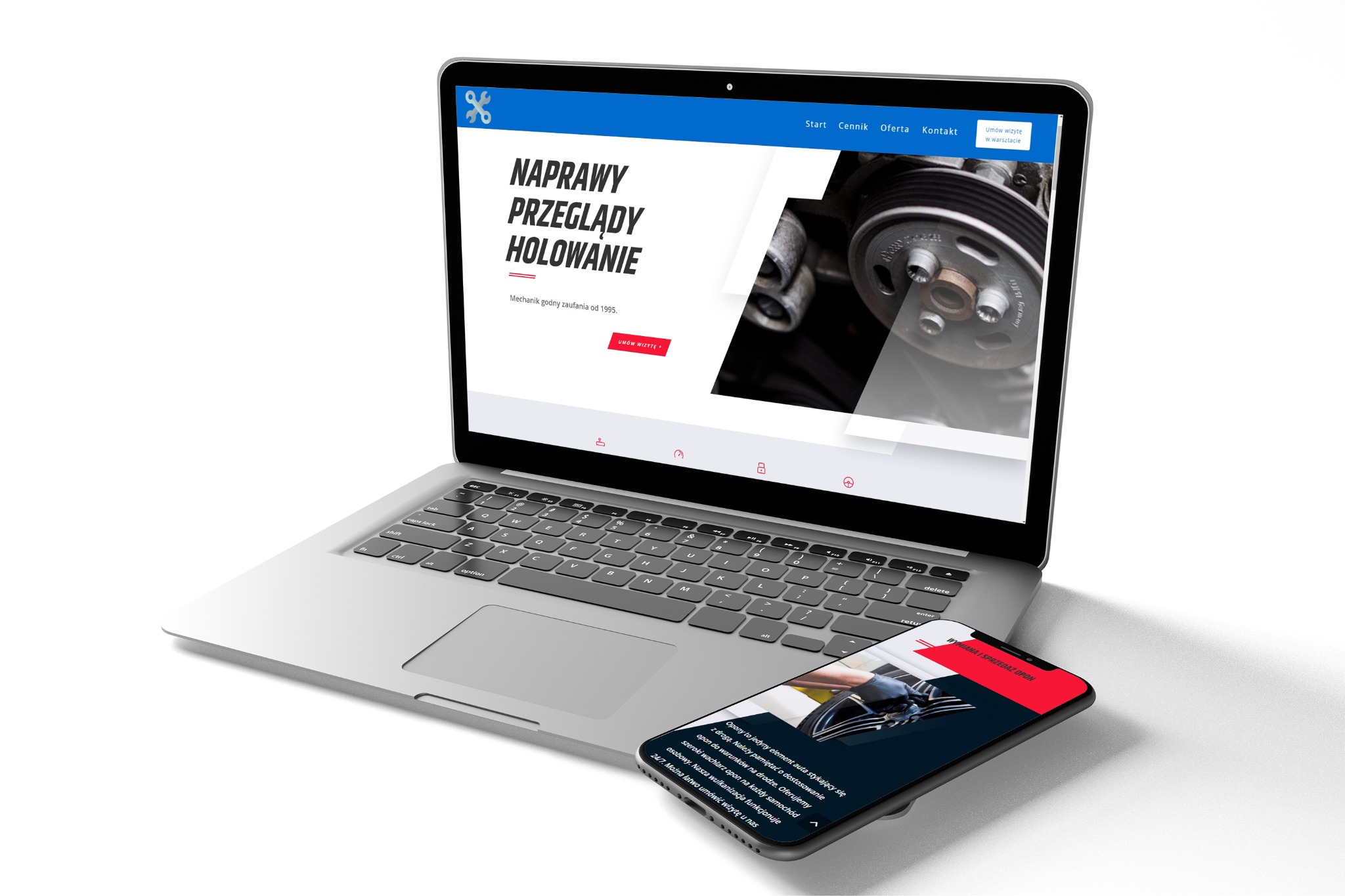 Laptop i smartfon prezentujące responsywną stronę internetową warsztatu samochodowego z usługami napraw, przeglądów i holowania, z widocznym logo w lewym górnym rogu, na białym tle.