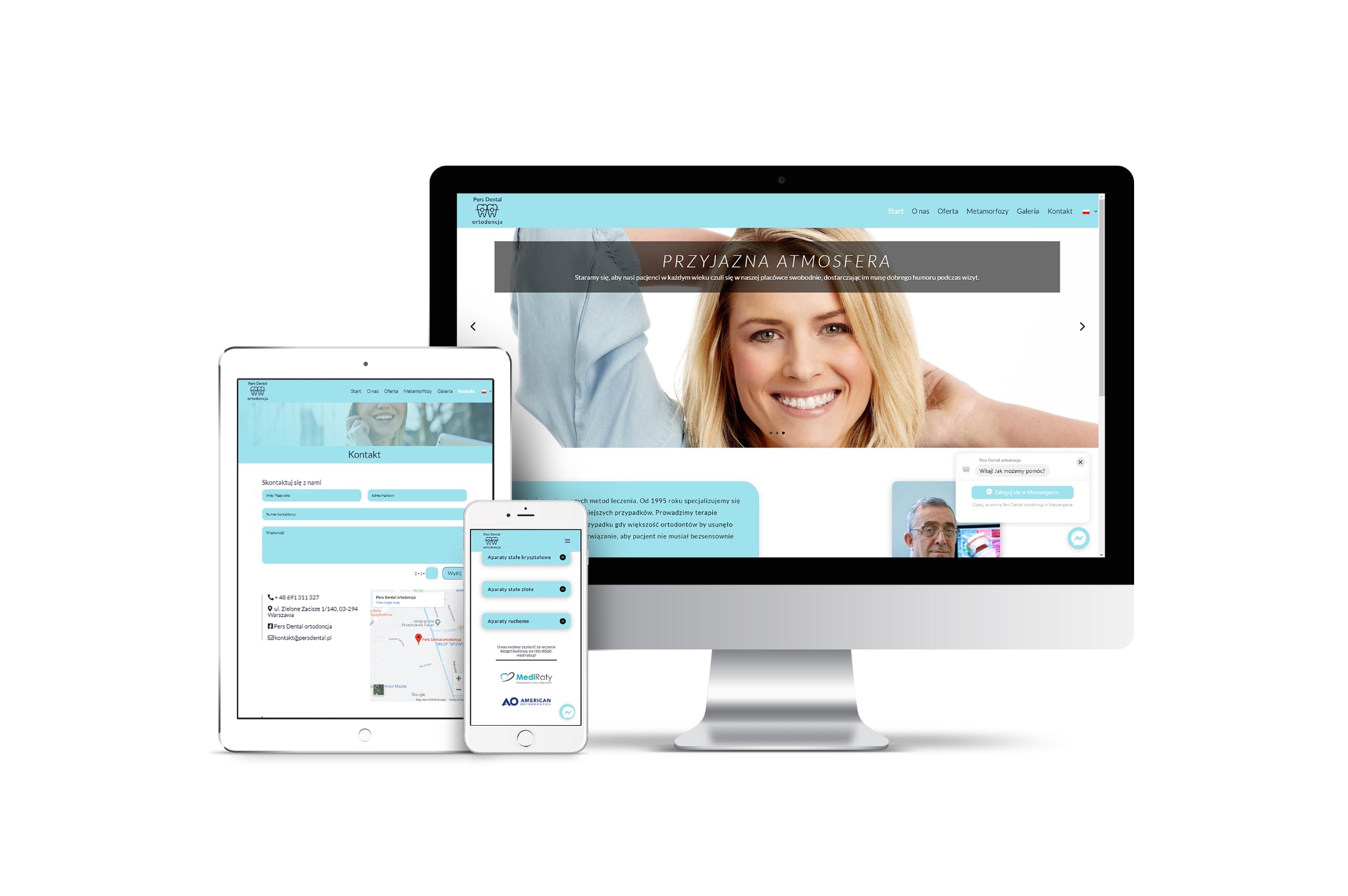 Prezentacja responsywnej strony internetowej na monitorze, tablecie i smartfonie, z widoczną sekcją kontaktową i sliderem zdjęć, dedykowana dla gabinetu ortodontycznego Pers Dental.