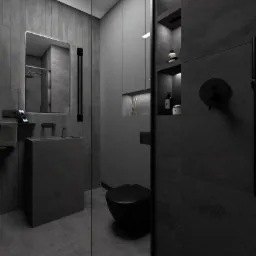 Nowoczesna łazienka w odcieniach szarości i czerni, z minimalistyczną umywalką, toaletą i szklaną kabiną prysznicową. Na ścianie wisi lustro z podświetleniem LED, a na półkach wnękowych znajdują...