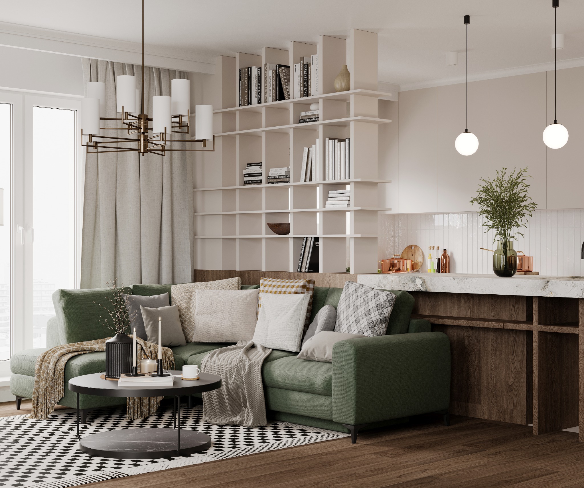 Jasne, przestronne wnętrze: zielona sofa narożna z poduszkami i pledem, okrągły stolik kawowy z dekoracjami, wzorzysty dywan, regał z książkami i dekoracjami, aneks kuchenny z blatem z marmuru...