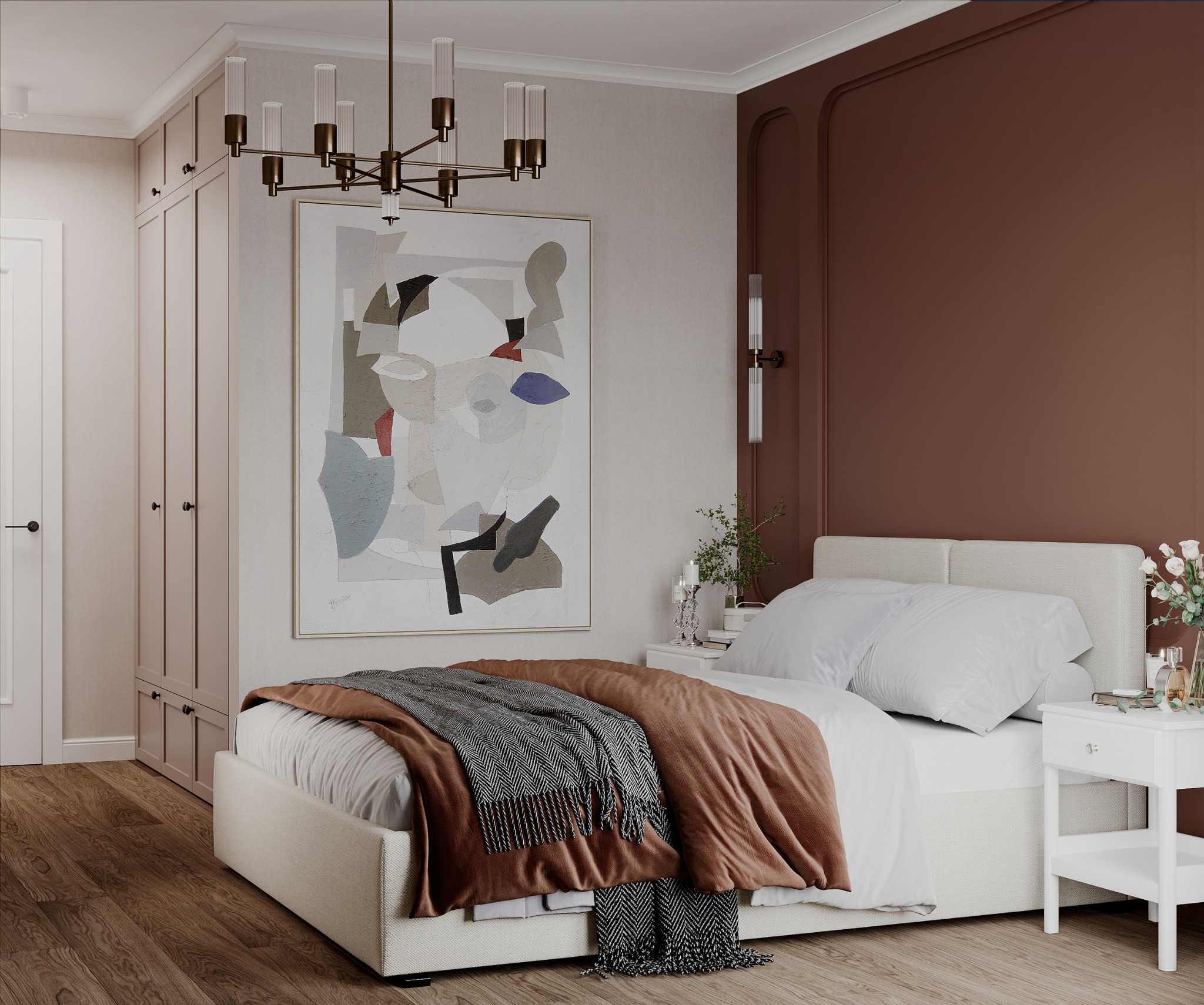 Nowoczesna sypialnia z łóżkiem kontynentalnym, abstrakcyjnym obrazem na ścianie i drewnianą podłogą, oświetlona dekoracyjnym żyrandolem.