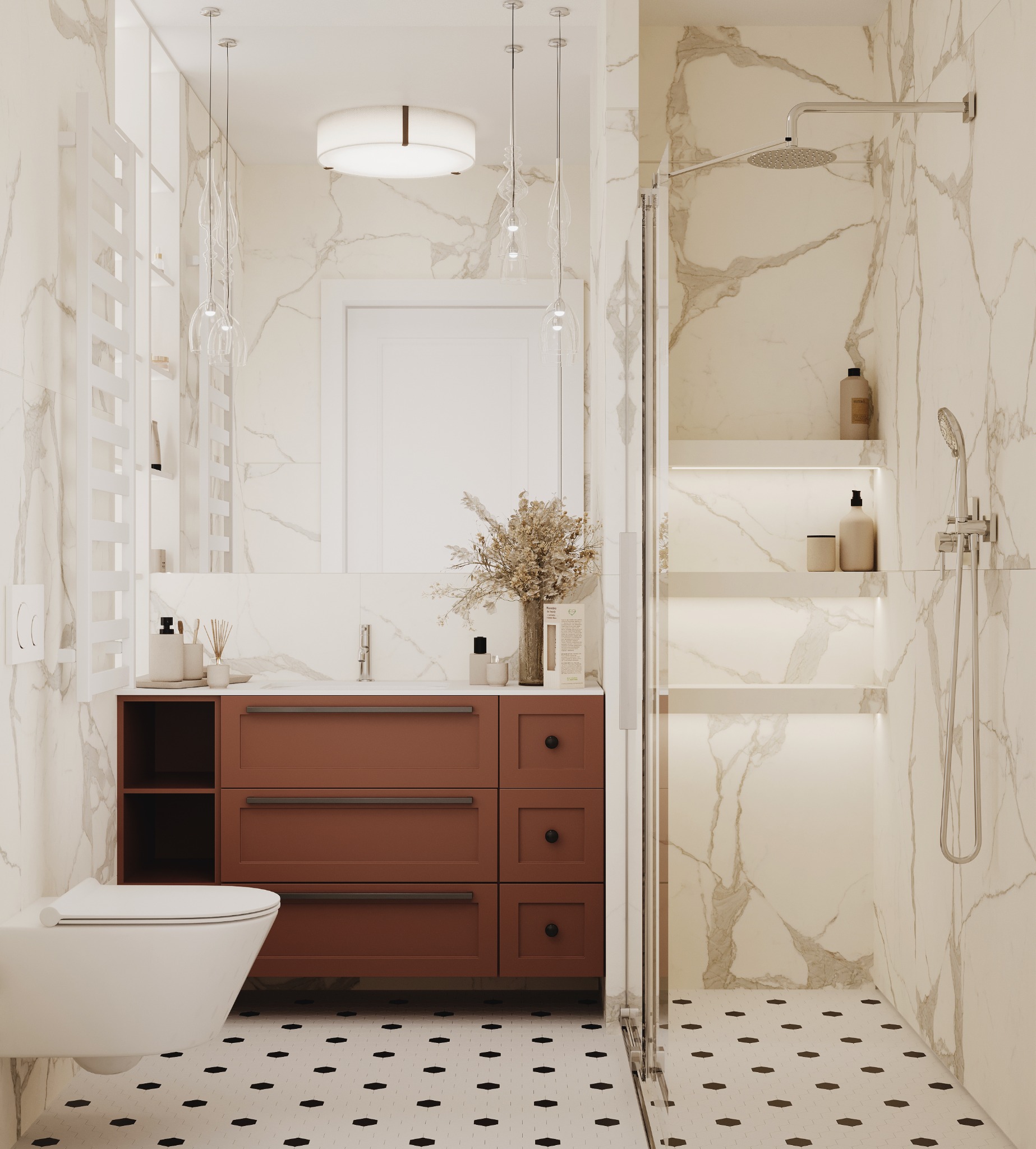 Elegancka łazienka z marmurowymi ścianami, brązową szafką pod umywalką, wiszącą toaletą i kabiną prysznicową typu walk-in z podświetlanymi półkami.