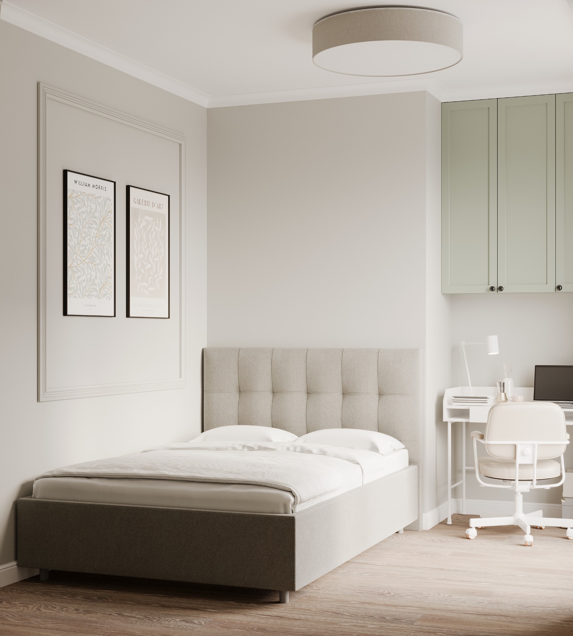 Jasna sypialnia z łóżkiem tapicerowanym w kratę, biurkiem z laptopem i zielonymi szafkami wiszącymi, uzupełniona drewnopodobną podłogą i dekoracyjnymi ramami na ścianie.