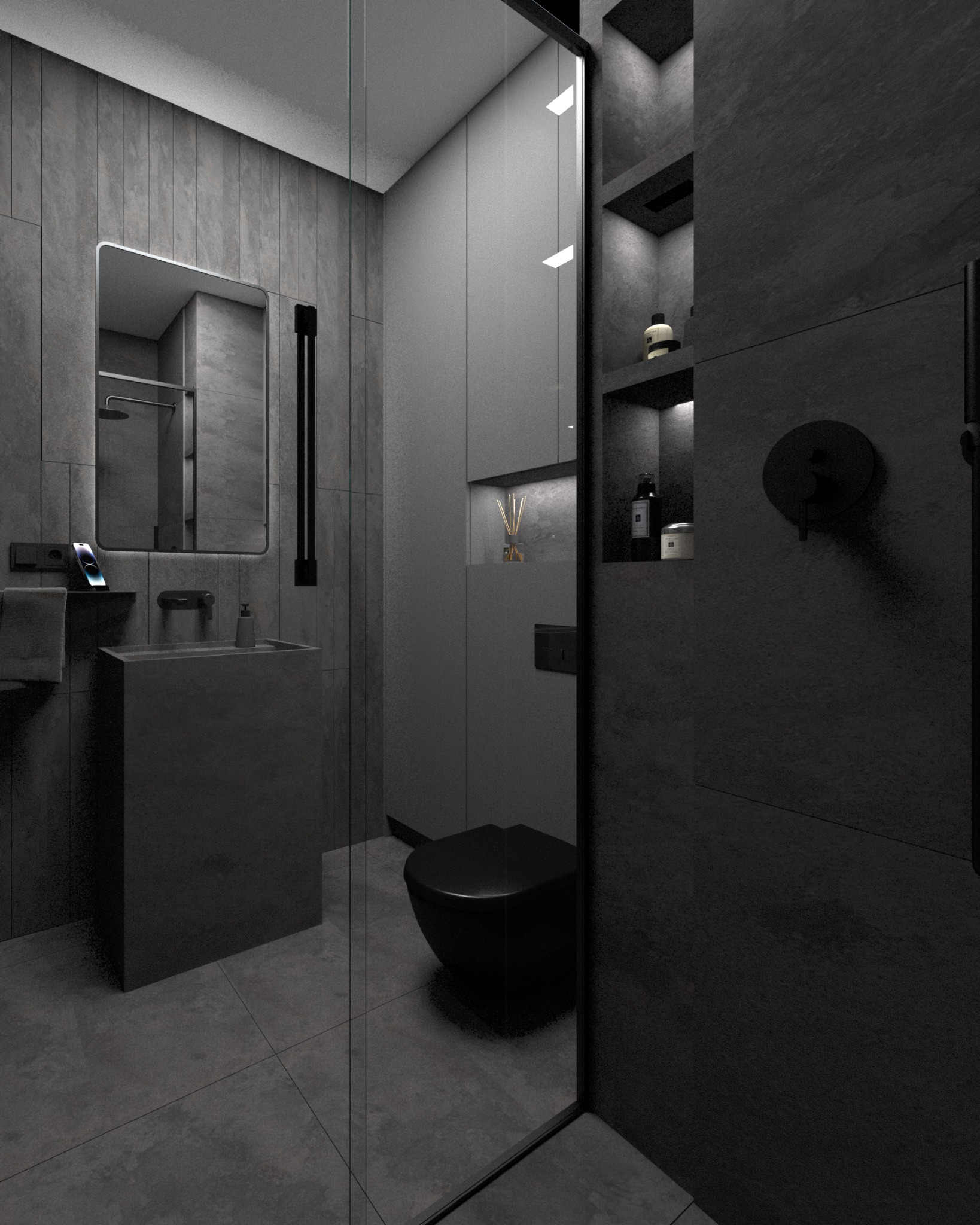 Nowoczesna łazienka w odcieniach szarości i czerni, z minimalistyczną umywalką, toaletą i szklaną kabiną prysznicową. Na ścianie wisi lustro z podświetleniem LED, a na półkach wnękowych znajdują...
