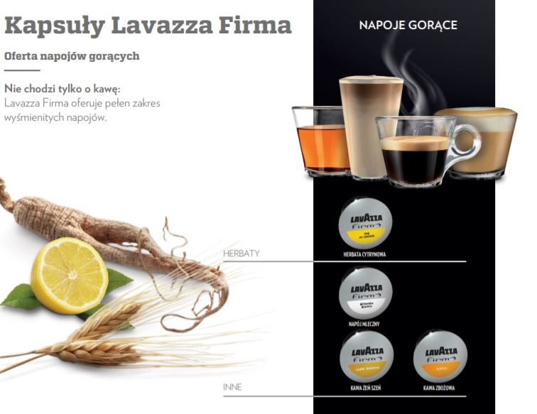 Kapsułki Lavazza Firma: oferta napojów gorących, w tym espresso, latte i herbata, z kapsułkami smakowymi, korzeniem żeń-szenia, cytryną i zbożem.
