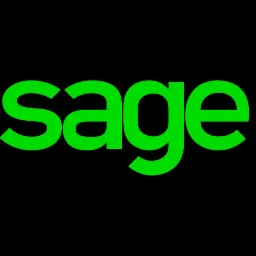 Logo firmy Sage w jaskrawej zieleni na czarnym tle, prezentujące nazwę marki w nowoczesnej typografii.