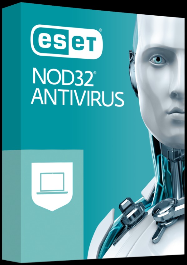 Pudełko oprogramowania antywirusowego ESET NOD32 z wizerunkiem humanoidalnego robota.