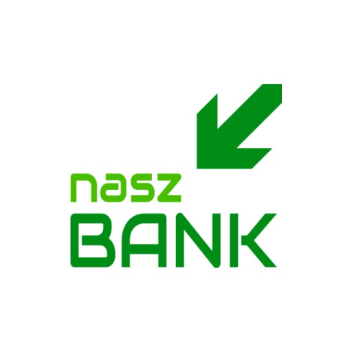 Zielone logo 'nasz BANK' z zieloną strzałką skierowaną w dół, umieszczone na białym tle.