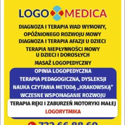 Żółto-niebieski szyld Centrum Logopedycznego LOGO-MEDICA w Sierpcu z ofertą diagnozy i terapii wad wymowy, afazji, niepłynności mowy, dysleksji oraz masażu logopedycznego i logorytmiki, numer...