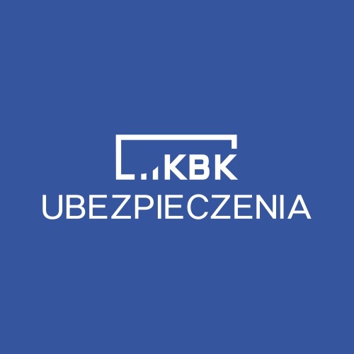 Logo KBK Ubezpieczenia na niebieskim tle, biały napis z graficznym elementem.