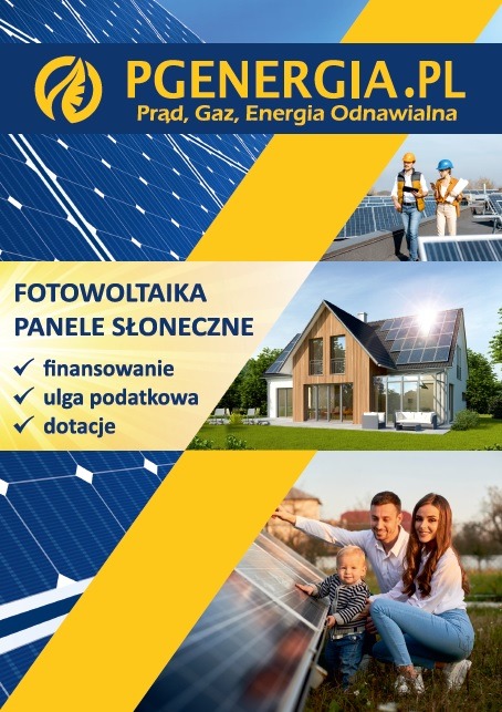 Baner reklamowy firmy PGenergia.pl oferującej panele słoneczne z informacjami o finansowaniu, uldze podatkowej i dotacjach. Na banerze zdjęcia: ekipa montująca panele, dom z panelami na dachu...
