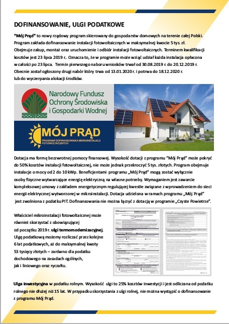 Informacja o programie 'Mój Prąd' z Narodowego Funduszu Ochrony Środowiska i Gospodarki Wodnej, prezentująca dom z panelami słonecznymi na dachu, oferowany we Wrocławiu.