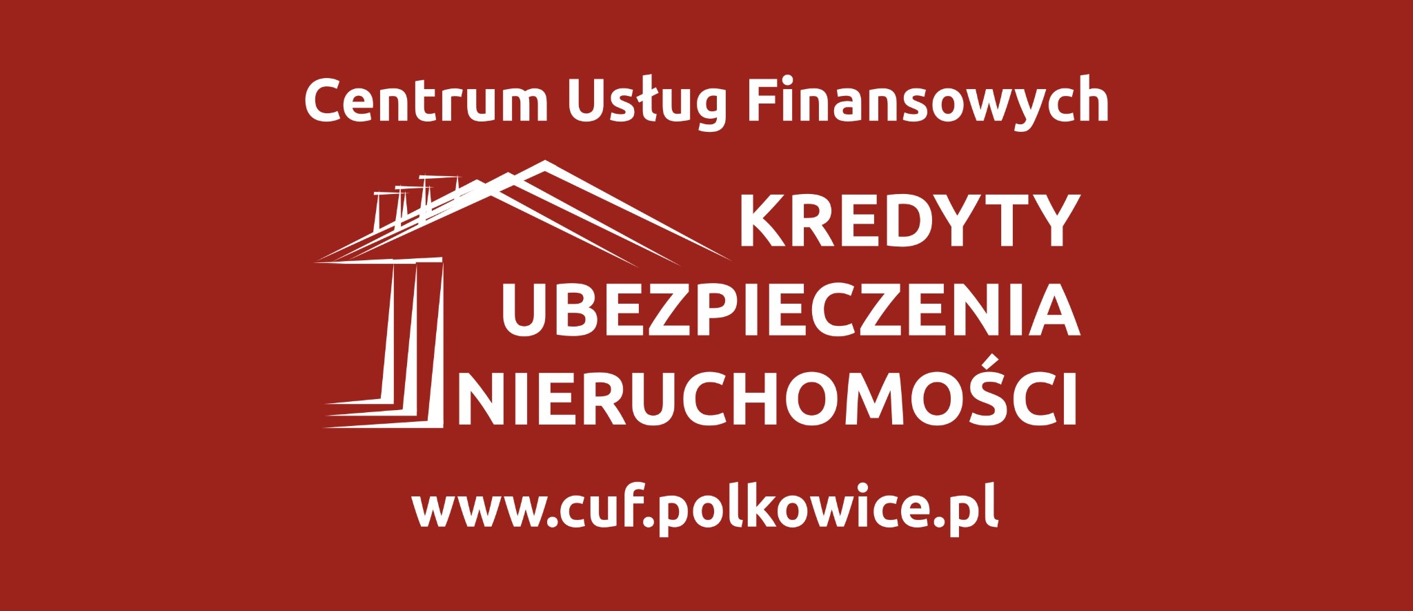 Logo Centrum Usług Finansowych z Polkowic na ceglastym tle, oferujące usługi kredytowe, ubezpieczeniowe i związane z nieruchomościami, z adresem strony internetowej.
