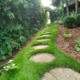 Ścieżka w ogrodzie z okrągłych kamieni otoczonych równo przystrzyżoną trawą, prowadząca przez tunel z zieleni, z widocznymi roślinami ozdobnymi i korą drzewną.