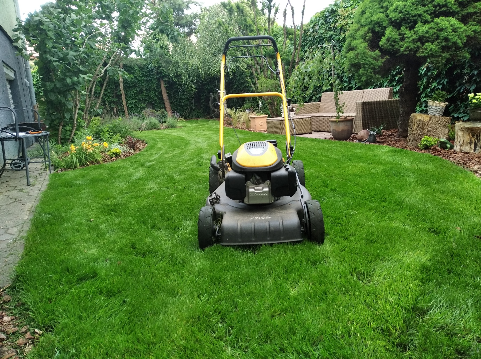 Żółto-czarna kosiarka spalinowa Stiga na świeżo skoszonej, soczyście zielonej trawie w zadbanym ogrodzie z meblami ogrodowymi w tle.