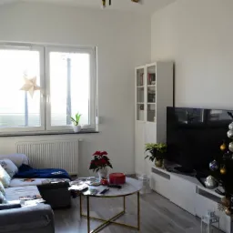 Jasne wnętrze pokoju dziennego z szarą sofą, marmurowym stolikiem kawowym, choinką i białymi ścianami po malowaniu.