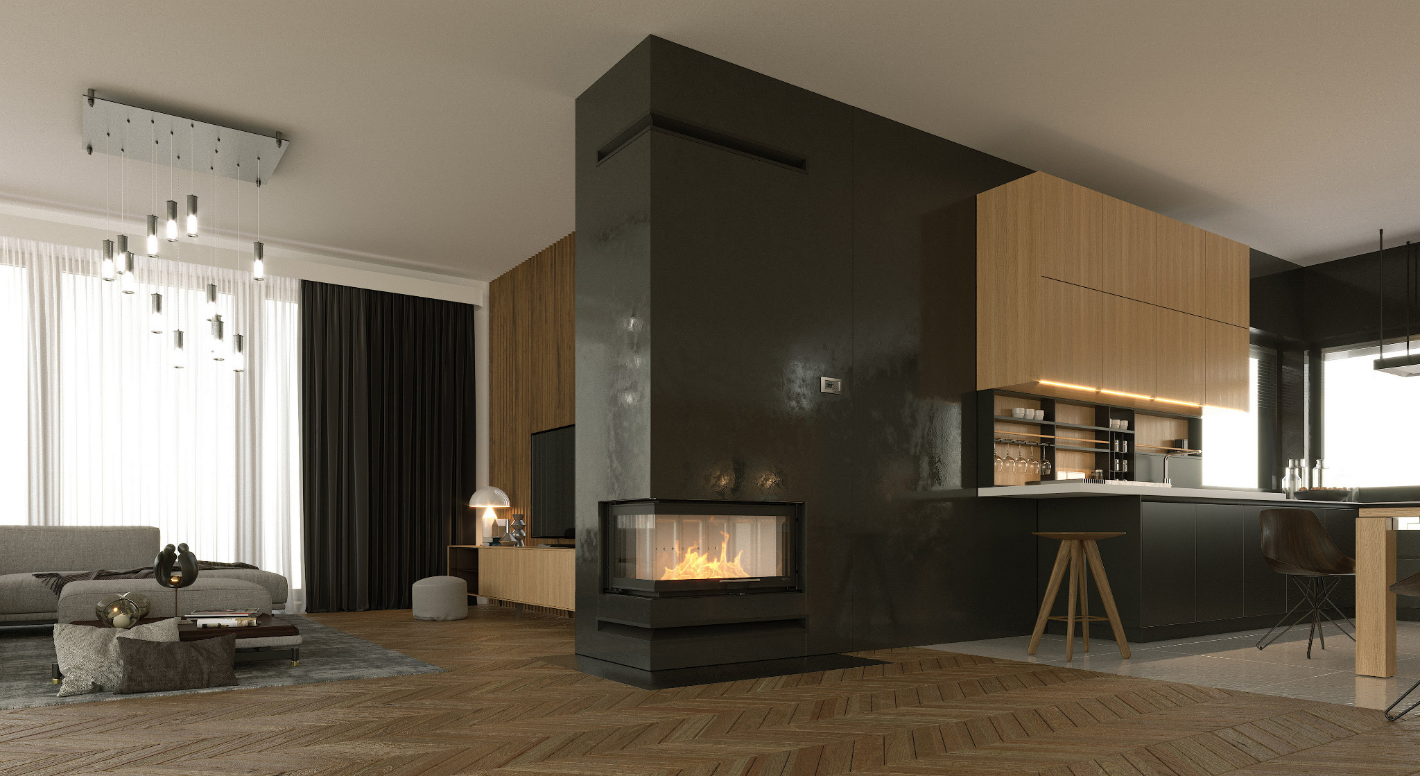 Nowoczesne wnętrze z kominkiem w zabudowie, drewnianymi szafkami kuchennymi i elementami dekoracyjnymi, oświetlone wiszącą lampą. Widoczny fragment salonu z sofą i stolikiem kawowym.