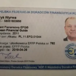 Legitymacja członkowska EFFP Polska nr 782, wydana dla Henryka Wyrwy, Asystenta Finansowego EFG, z datą wydania 2019-04-26, zawierająca zdjęcie portretowe i podpis Franciszka Roberta Zięby, Prezesa...