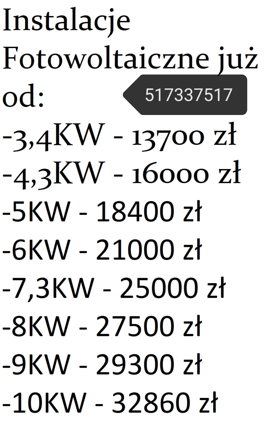 Cennik instalacji, różne moce paneli fotowoltaicznych i odpowiadające im ceny w złotych.