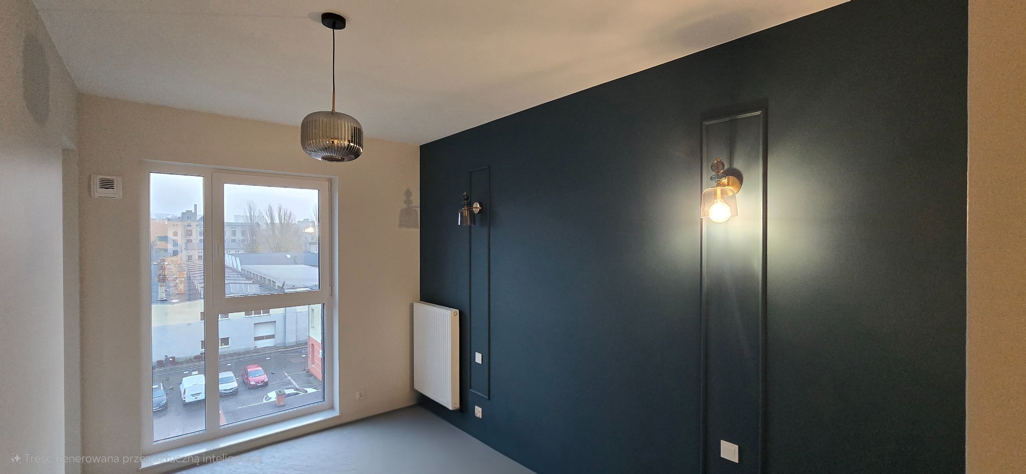 Pokój po remoncie: ciemna ściana z dekoracyjnymi listwami i oświetleniem ściennym, jasna ściana z oknem wychodzącym na miasto, wisząca lampa sufitowa.