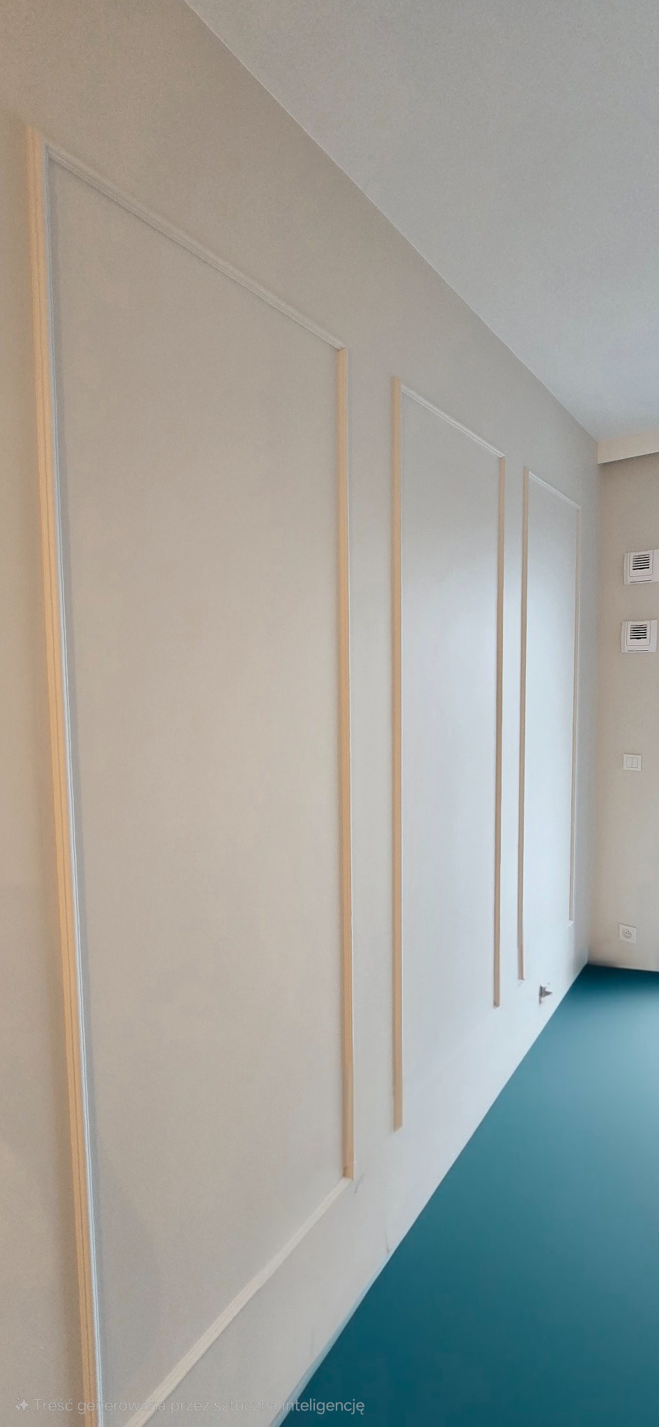 Ściana z dekoracyjnymi listwami w kolorze naturalnego drewna, tworzącymi prostokątne panele, na tle białej ściany i turkusowej podłogi.