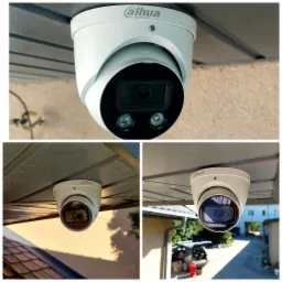 Zestaw trzech ujęć kamery Dahua TiOC 2.0 zamontowanej pod zadaszeniem, widoczne detale obudowy i obiektywu, w tle elementy otoczenia.