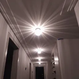 Długi korytarz z białymi ścianami i sufitem, oświetlony szeregiem lamp sufitowych, tworzących efekt rozchodzących się promieni światła. Widoczne listwy dekoracyjne pod sufitem i ościeżnice drzwi...